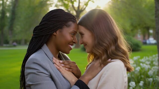 Two woman embrace with their foreheads touching, sharing a moment of tender affection and genuine connection. They are immersed in the tenderness of their bond. Stock Video