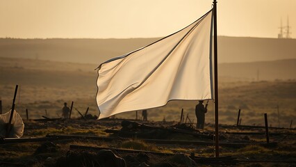 sonnet. A white flag lowered on a historic battlefield at dawn, muted colors and soft light. event programs, museum guides, designed for cultural heritage projects and event programs.