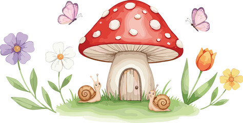 Whimsical Vector Illustration of a Fantasy Mushroom House with Small Wooden Door, Surrounded by Friendly Snails, Colorful Spring Flowers, Butterflies, and Green Grass