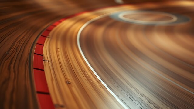 velodrome. Close-up of polished wooden velodrome track curve, spotlight on wood grain. event key visuals, club posters, designed for fitness apps and gym onboarding, used by fitness trainers. - Powered by Adobe