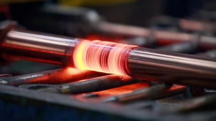 Medium shot of tubular metal being heated through induction hardening system showing electric coil wrapped tightly around the tube for deep hardening