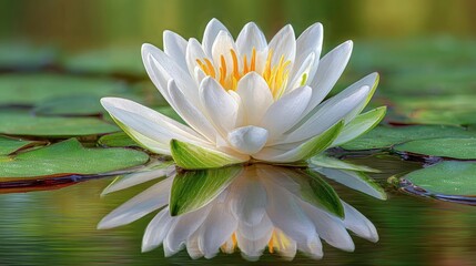 Pristine white aquatic flower rests perfectly upon calm water surface with clear reflection