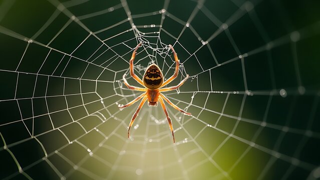 lemuria. A spider mending its intricate web with glistening threads in morning light. wildlife magazines, conservation campaigns, designed for eco-tourism storytelling, used by motion designers.