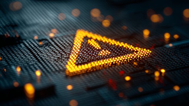 Glowing digital warning sign on a circuit board with cyber security alert concept.