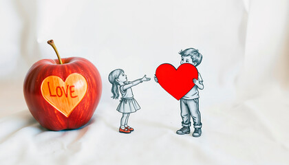 Charming drawn boy giving a red heart to a girl beside a fresh red apple with "LOVE" carved for sharing affection concept care