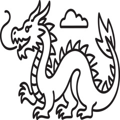 Obraz premium Black outline vector illustration of a traditional mythical Chinese dragon with a cloud