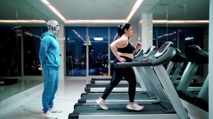 A humanoid fitness trainer in a gym works out with a fat woman on a treadmill. The concept of the future - Powered by Adobe
