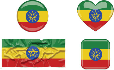 A collection of four stylized Ethiopian flag designs, including a round badge, heart shape, waving fabric banner, and a square badge, perfect for national pride and identity.