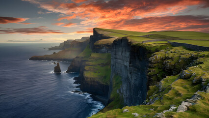 Dramatic cliffs of ireland overlooking the atlantic ocean under a fiery sunset sky