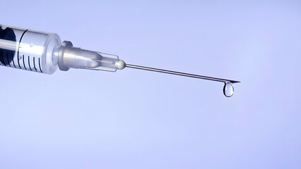 Close up of Medical Syringe with Single Liquid Drop on Needle Tip. Vaccination and Treatment Concept.
