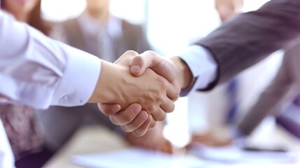 Businesspeople Shaking Hands in Formal Office Setting with Bright Natural Light