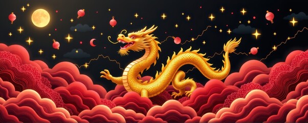 Lunar new year 2026 celebration poster golden dragon banner chinese invitation in festive environment