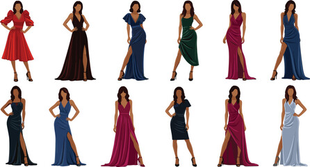 Elegant women in fashionable evening dresses, formal gown collection illustration, stylish female outfit poses, luxury fashion design elements for branding