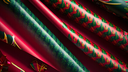 Close up abstract view of rich textured fabric with diagonal folds in deep red and emerald green hues