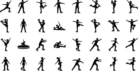 Naklejka premium Figure skating silhouette collection, dynamic ice skater poses performing spins, jumps, choreography for winter sports design, training, competition vector set