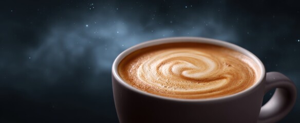 Creamy froth gently swirls over a steaming cup of freshly brewed coffee.