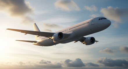 Commercial airplane soaring in golden light against a cloudy sky.