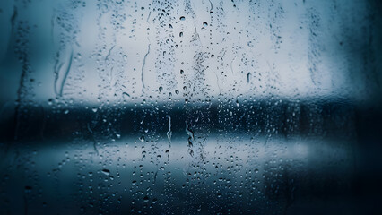 Abstract moody blue background with water droplets on glass creating a blurred atmospheric effect