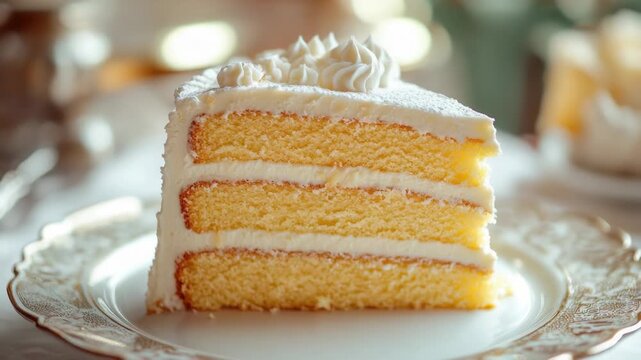 A slice of cake on a plate sitting on a table, ready to be served