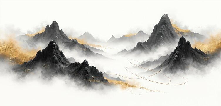 Ink wash painting shows mountains in mist. Oriental landscape in traditional style. Sumi-e artistic drawing on rice paper. Gold paint accents elegance. Represents zen calmness, tranquility. Great for