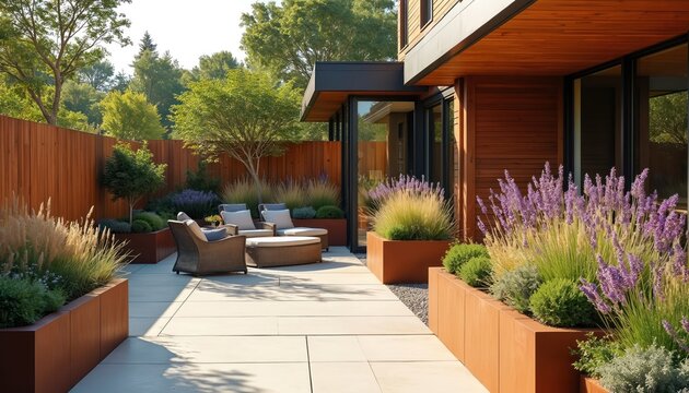 Modern backyard patio features outdoor furniture, concrete floor, Corten steel planters. Rich grasses, purple lavender flowers grow in garden beds. Contemporary house exterior connects to relaxing