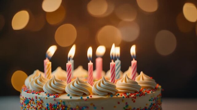 HD footage of a beautifully decorated birthday cake with soft candlelight flickering in warm festive ambience