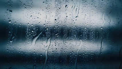 Close up of raindrops on a window pane creating abstract patterns and streaks with a blurred background