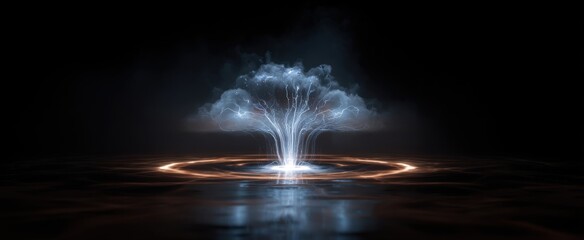 Electric liquid bursts upward in a radiant vibrant swirling cascade.