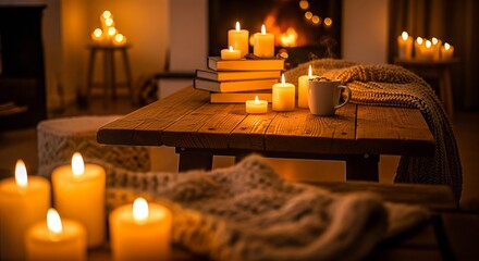 A warm and cozy indoor scene illuminated by numerous flickering candles, creating a relaxing ambiance.