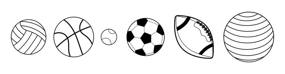 Black and white sports balls set, outline. Simple line art icons of volleyball, basketball, tennis ball, soccer ball, football and gym ball.