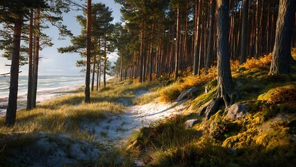 Serene Baltic Pine Forest Edging Along the Tranquil Shoreline