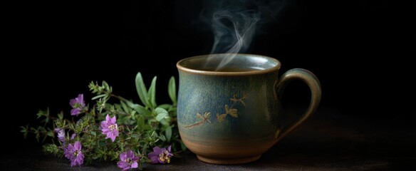 Warm comfort flows from fresh herbal infusion in a cherished rustic ceramic mug