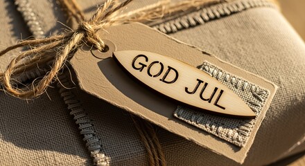 Close-up of a rustic Christmas gift wrapped in fabric with twine and a wooden 'God Jul' tag, featuring textured embellishments.