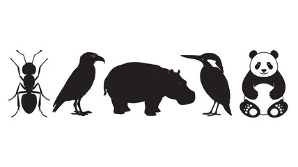 Collection of animal silhouettes including an ant crow hippopotamus kingfisher and panda isolated on a white background for design