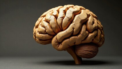 Cracked wooden brain sculpture, intricate detail, surface, damaged