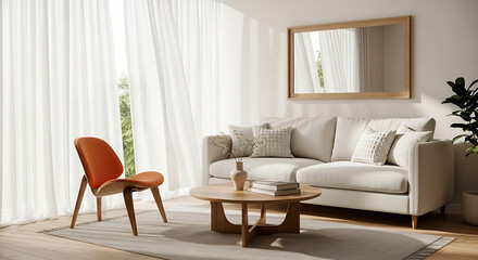 Fototapeta premium Bright living room interior with sofa, chair, coffee table, and mirror