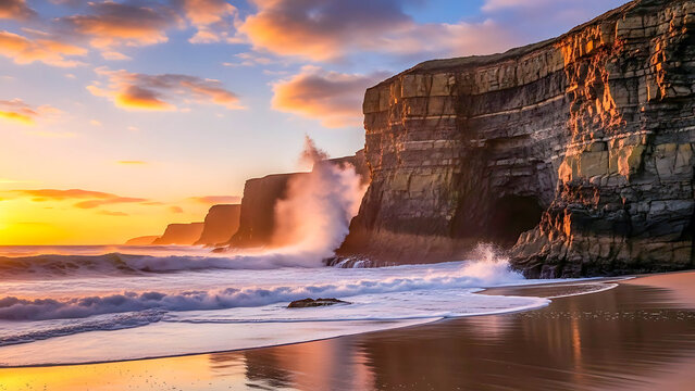 Sunset over rocky cliffs with crashing waves by the beach - Powered by Adobe