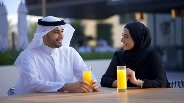 A couple shares a tender moment while enjoying drinks outdoors. A moment of connection over refreshing juice. They sit together, engaged in a warm conversation Stock Video