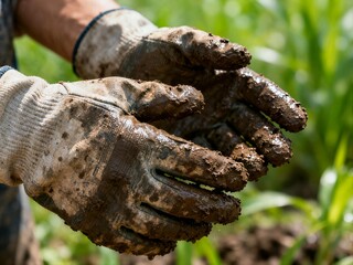 A close-up shot of a pair of muddy work gloves worn by a laborer, showing the hands cupped and covered in rich, dark soil.