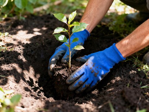 A person in blue protective gloves plants a small green sapling with a soil root ball into a dark, freshly dug hole in the ground.