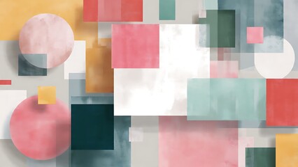 Abstract Geometric Collage of Pastel Squares and Circles on Canvas