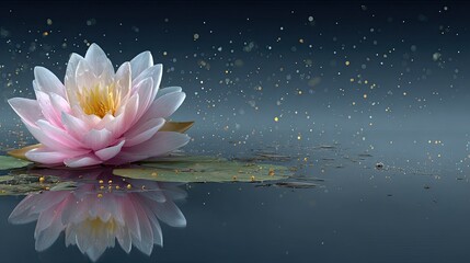 Beautiful pale pink water lily rests upon dark water under a subtle glow effect