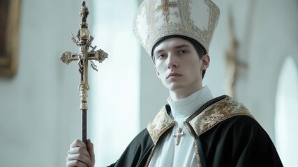 Video A priest holds a cross, ready for a ceremony or ritual