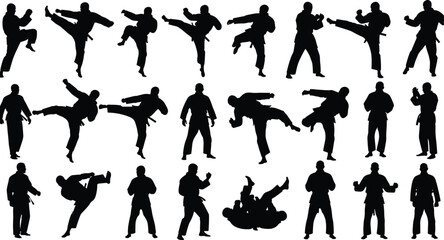 Martial arts silhouette collection, karate and kickboxing poses, dynamic combat actions, self-defense training movements for posters, branding, vector design set