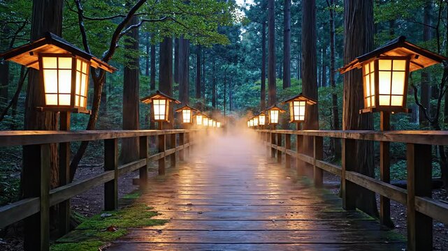 A long wooden bridge lined with glowing traditional lanterns disappears into misty dark forest woods.