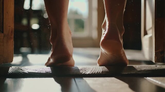 Pieds nus marchant dans la lumi&egrave;re du matin