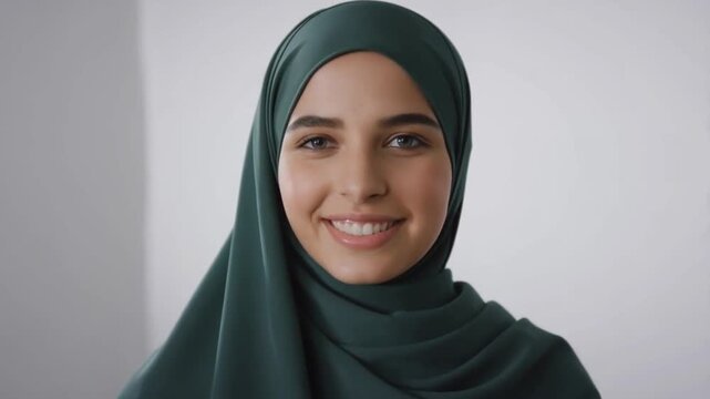 A beautiful woman smiles confidently while wearing a headscarf Stock Video
