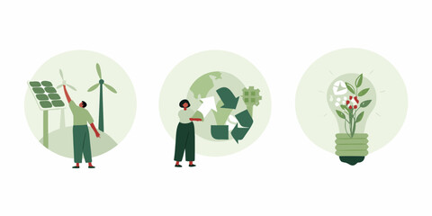 Sustainable living concepts renewable energy recycling and eco friendly ideas illustrated