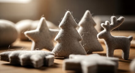 Close-up of various handmade felt Christmas decorations including trees, stars, and a reindeer on a wooden surface.
