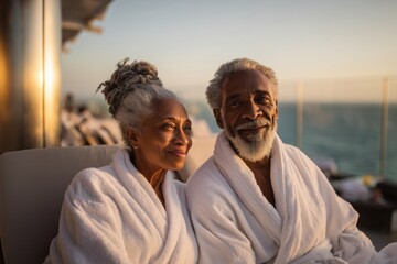 Senior African couple having rest in a hotel or in a cruise ship